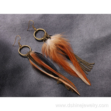 Antique Bronze Fashion Jewelry Chain Tassel Feather Earrings